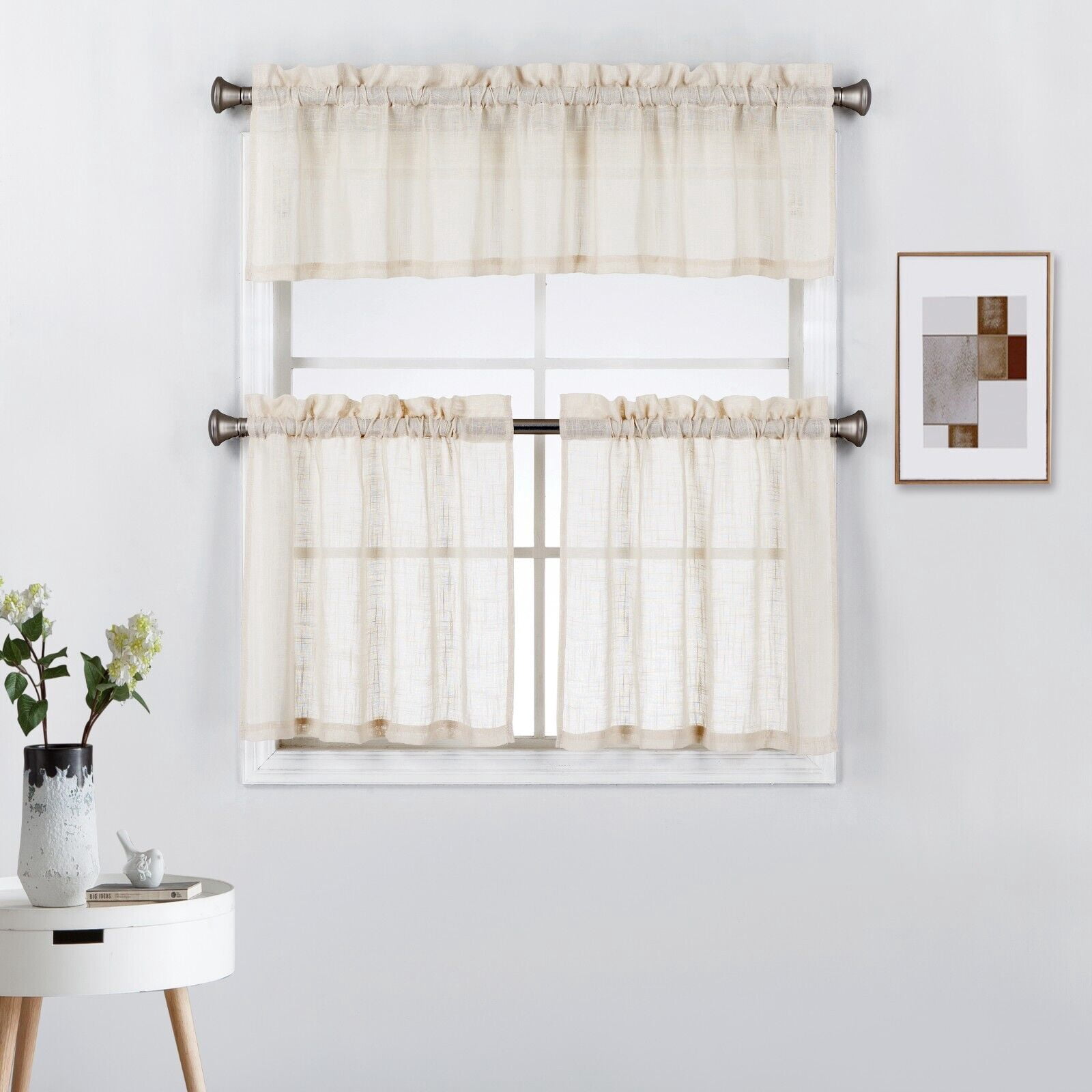 3 Piece Rod Pocket Linen Semi Sheer Kitchen Window Curtain Tiers and Valance Set