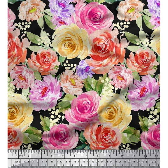 Soimoi Black Cotton Duck Fabric Leaves,Pink & Peach Rose Watercolor Printed Fabric 1 Yard 42 Inch Wide