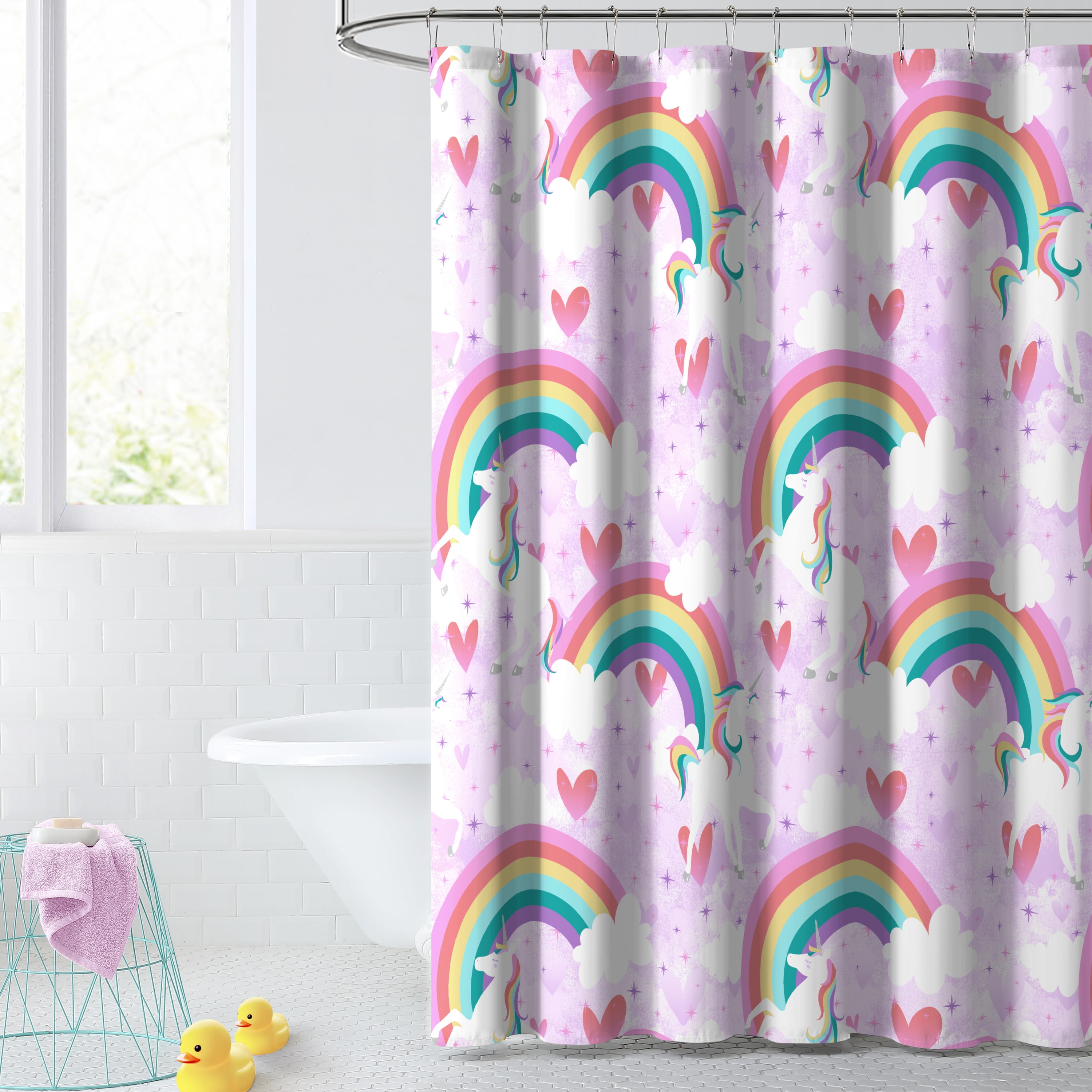 Waterproof Fabric Rainbow Stars Flower Unicorn Shower Curtain Set Bathroom Hooks