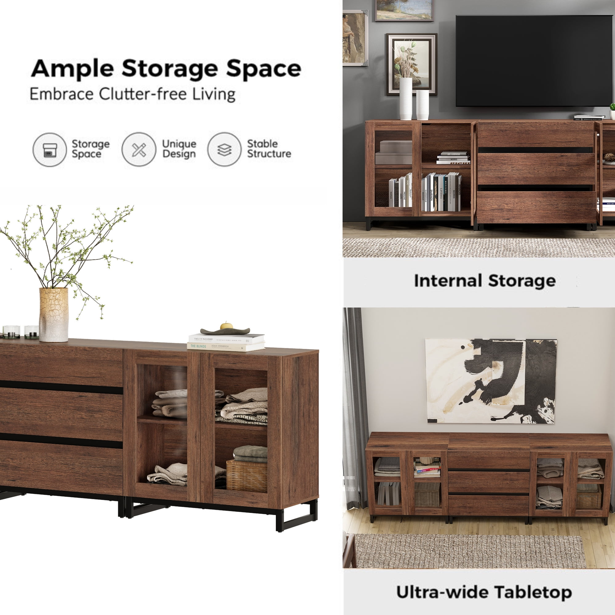 3 In 1 Modern Sideboard With Glass Doors And 3 Drawers,Storage Cabinet With Adjustable Shelves for Living Room, Kitchen,Brown