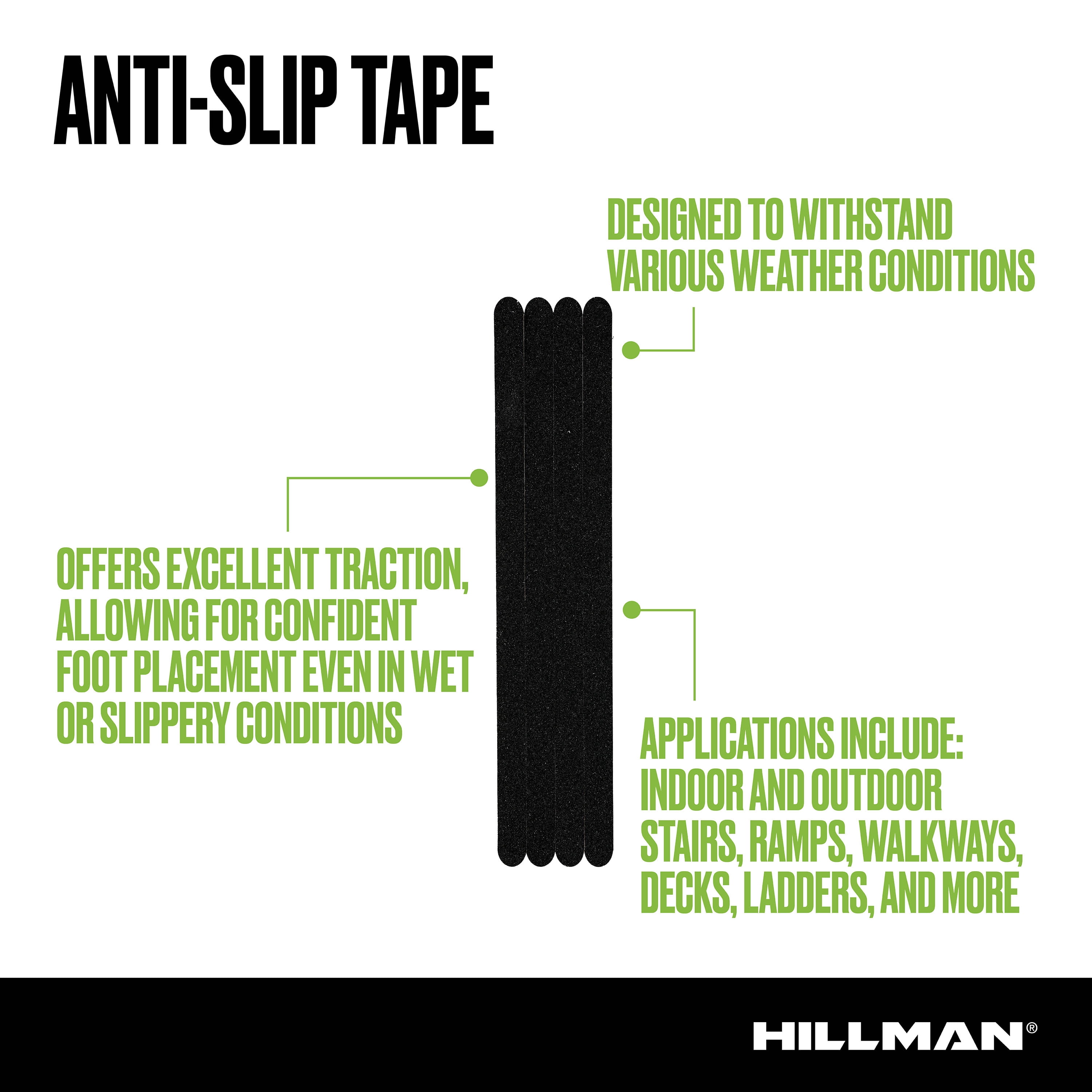 Hillman 3/4" x 1 ft Traction Control Anti-Slip Tape with Treads, Indoor and Outdoor, Black, Coarse Paper (8 Pack)