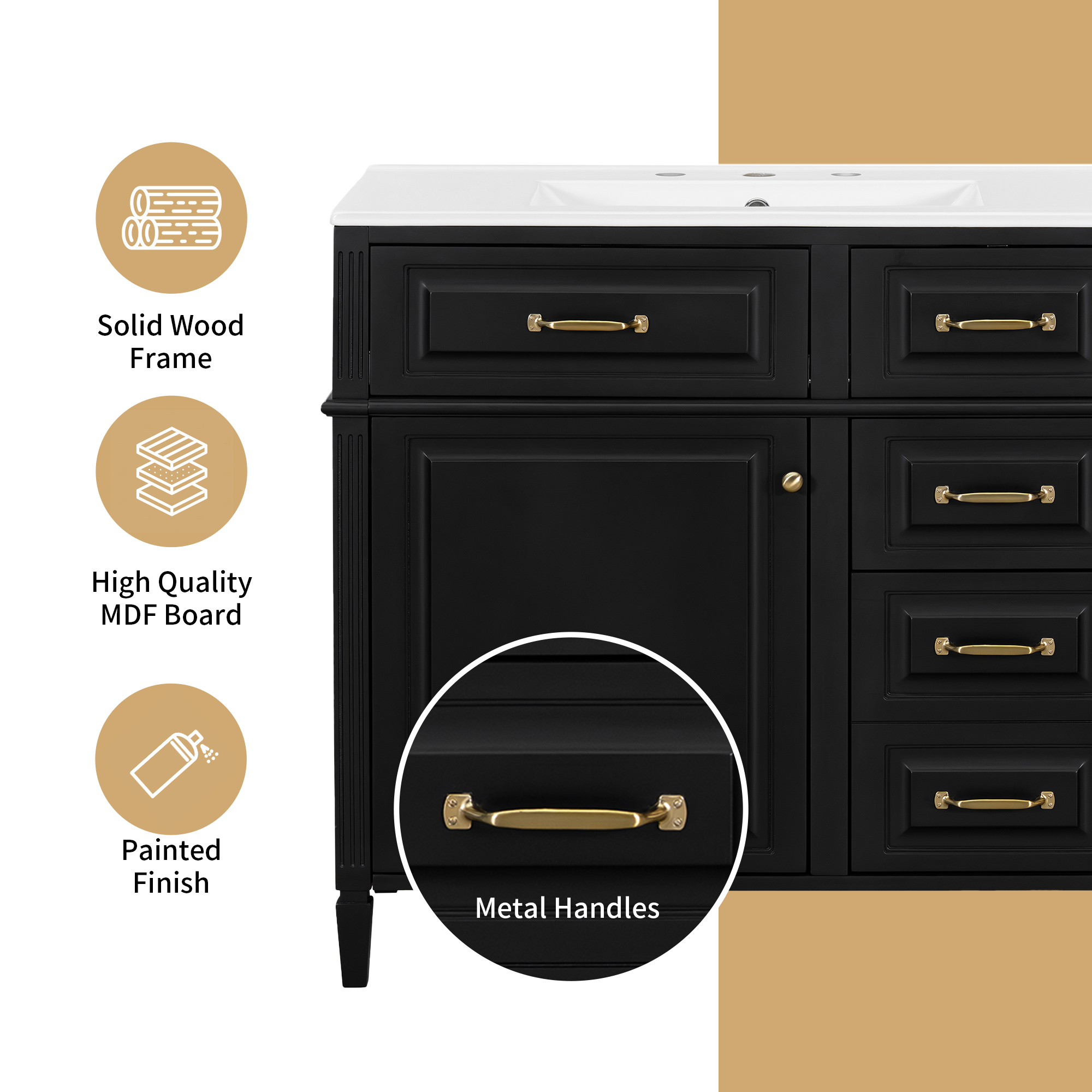 Euroco 36-Inch Bathroom Vanity with Ceramic Sink Top, Solid Wood Frame and MDF Cabinet, Flip Drawer Design with Adjustable Shelf and Metal Handles, Freestanding Bathroom Storage Cabinet