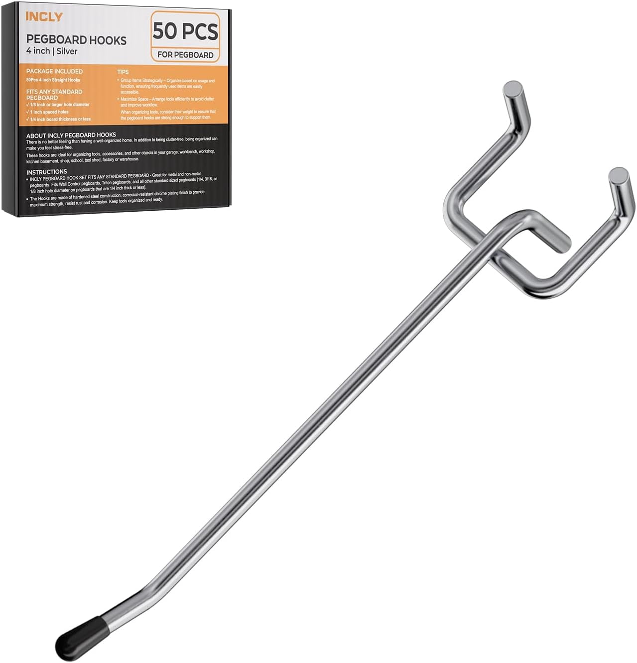 FEFEFW-50 Pack Pegboard Hooks, 4 Inch Metal Peg Board Hooks Accessories, Peg Board Tool Hangers Fit for 1/8“ and 1/4" Pegboard Hanging Tools for Garage, Craft Room, Kitchen, Store