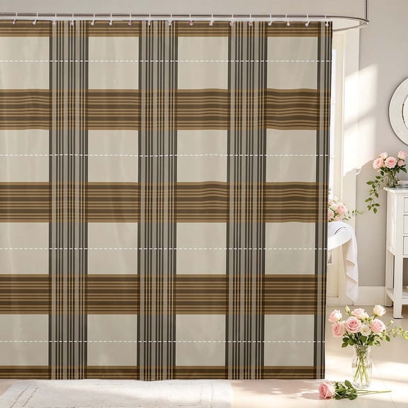Manfei Retro Grid Shower Curtain 72Wx72L,Classic Plaid Bathroom Curtain,Brown Gray