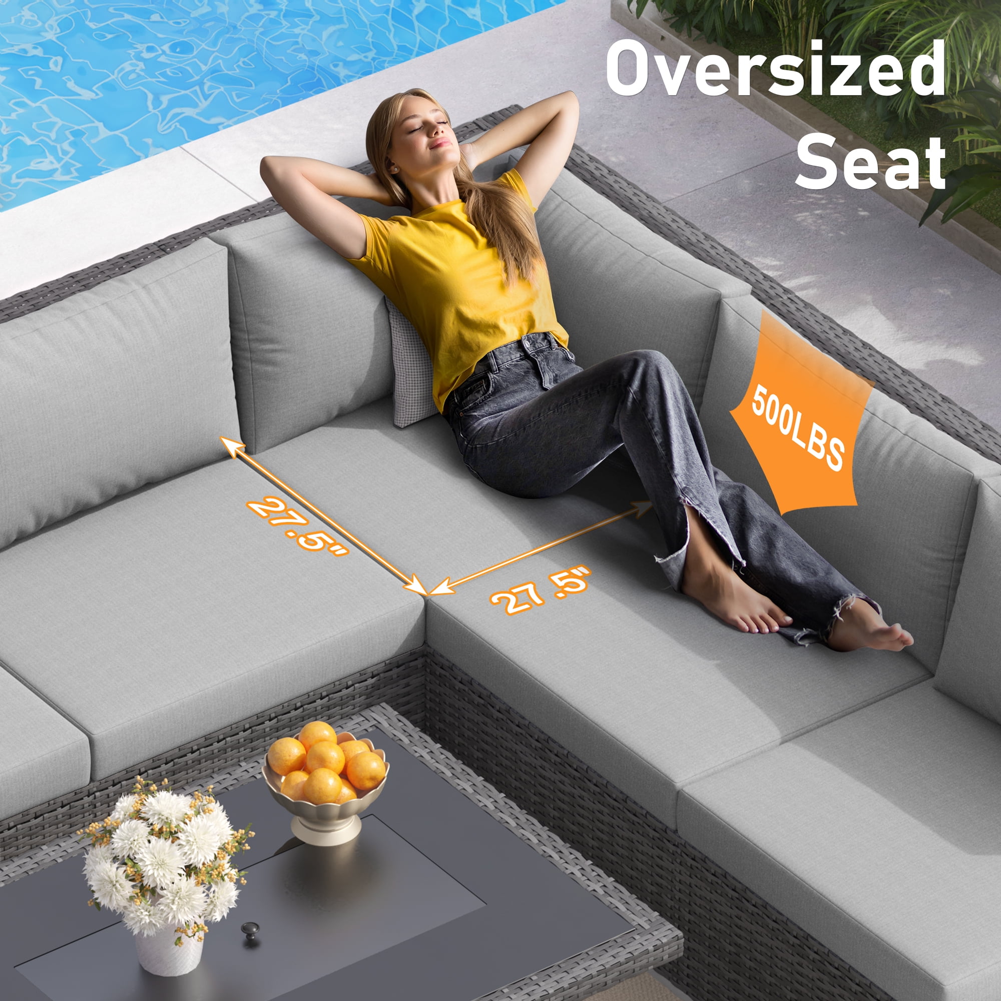 RADIATA 12-Piece Patio Furniture Set with Fire Pit Table, Outdoor Sectional with 43" 60000 BTU Firepit Table, Double Chaise Lounge, High Back Wicker Outdoor Sectional with Fire Pit Set,Light Gray