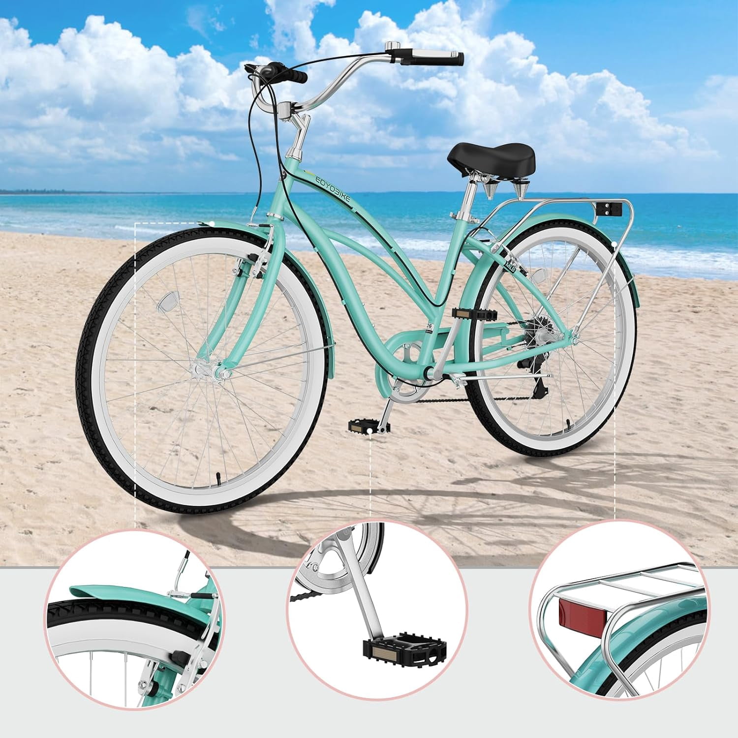 ABORON 26" Beach Cruiser Bike Women, Lightweight Adult Cruiser Bike with Rack, 7-Speed Cruiser Bicycle for Commuting, Carbon Steel Frame Commuter Bicycle
