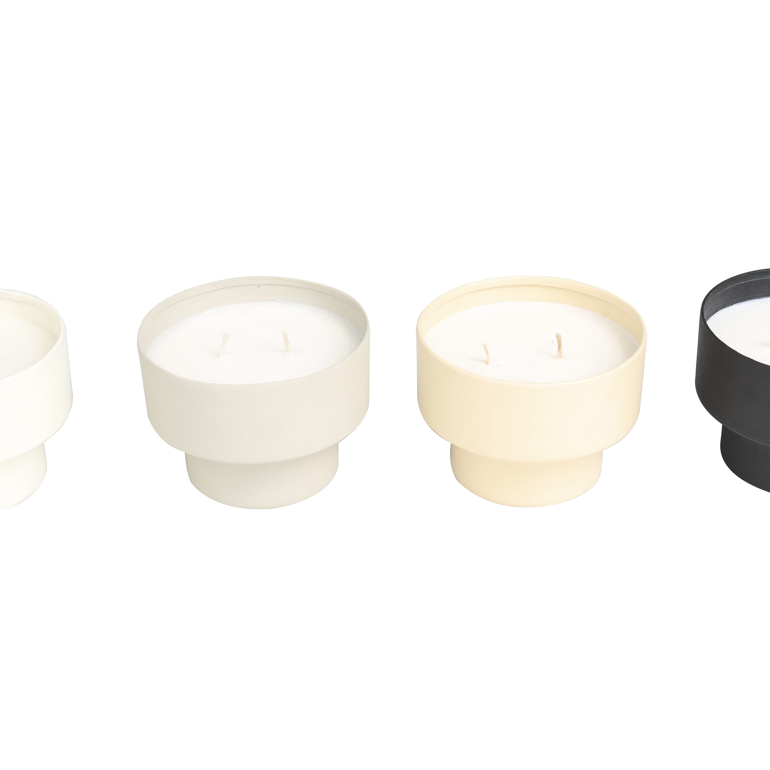 CosmoLiving by Cosmopolitan 4 Holder Multi Colored Metal Egyptian Mint, Mediterranean Fig, Sauvignon Blanc, and Vanilla Marshmallow Scented Matte 15 oz 2 Wick Candle with White Wax, (Set of 4)