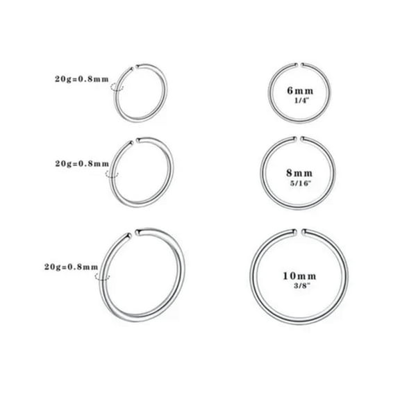 K-KED 50pcs 20G 1/4" 5/16" 3/8" Stainless steel Nose Hoop Ear Tragus Ring Piercing-20G(0.8mm)/5/16''(8 mm)