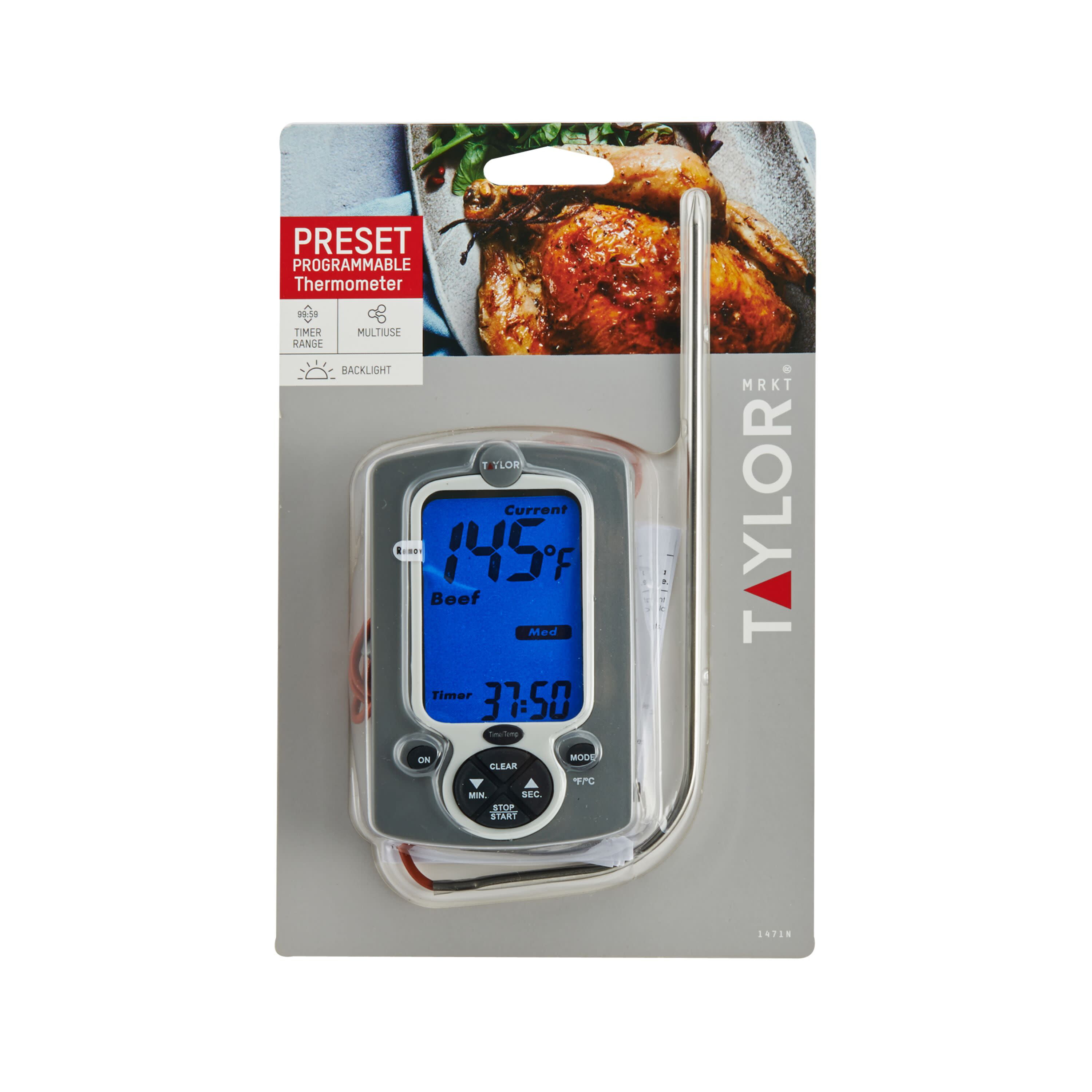Taylor Instant Read Wired Probe Digital Meat Food Grill BBQ Cooking Kitchen  Thermometer With Bright Blue Backlight