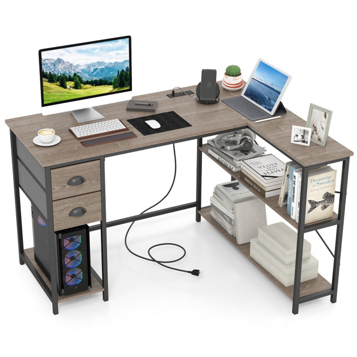 L Shaped Computer Desk with Built in Power Outlet USB Type C Charging Port Home Office Corner Desk with Fabric Drawers Storage Shelves Oak Black