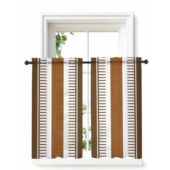 Modern Brown Tier Curtains 45 Inch Length,Sheer Curtains for Bedroom Living Room Window Boho Contemporary Geometric Striped Rod Pocket Drapes Kitchen Curtains Small Half Window 27.5"x45" 2 Panels