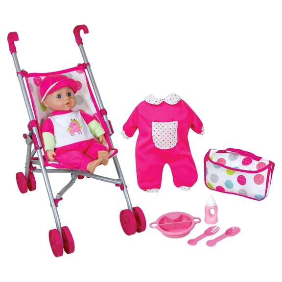 Lissi: 13" Baby Doll & Umbrella Stroller Set - Pink & Unicorn, Hat, Handbag, Extra Outfit, Feeding Accessories, Foldable, Roleplay Toy, Kid-Toddler 2