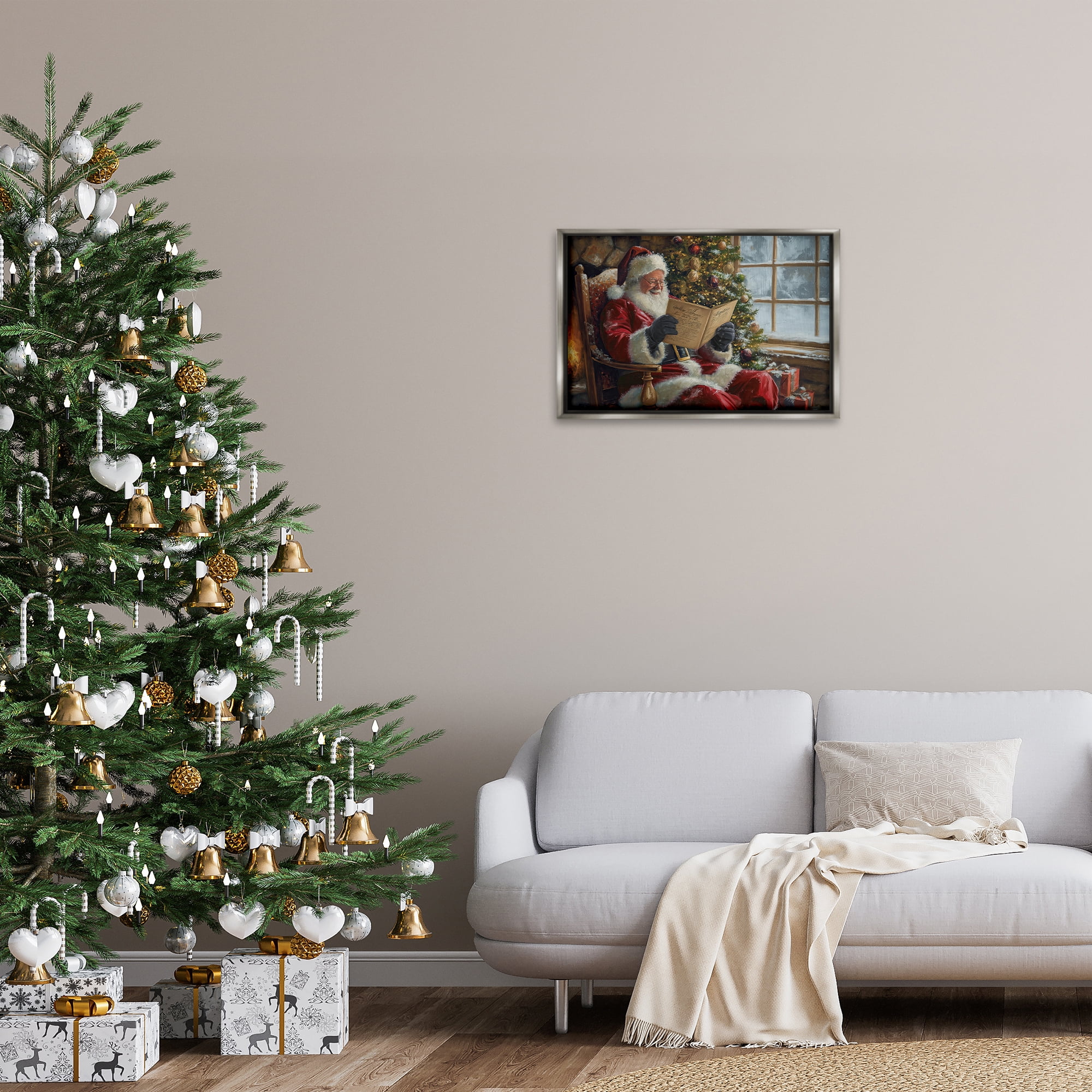 Stupell Industries Cheerful Santa Reading Holiday Painting Gray Floater Framed Canvas Art Prints Wall Art, 25 x 17