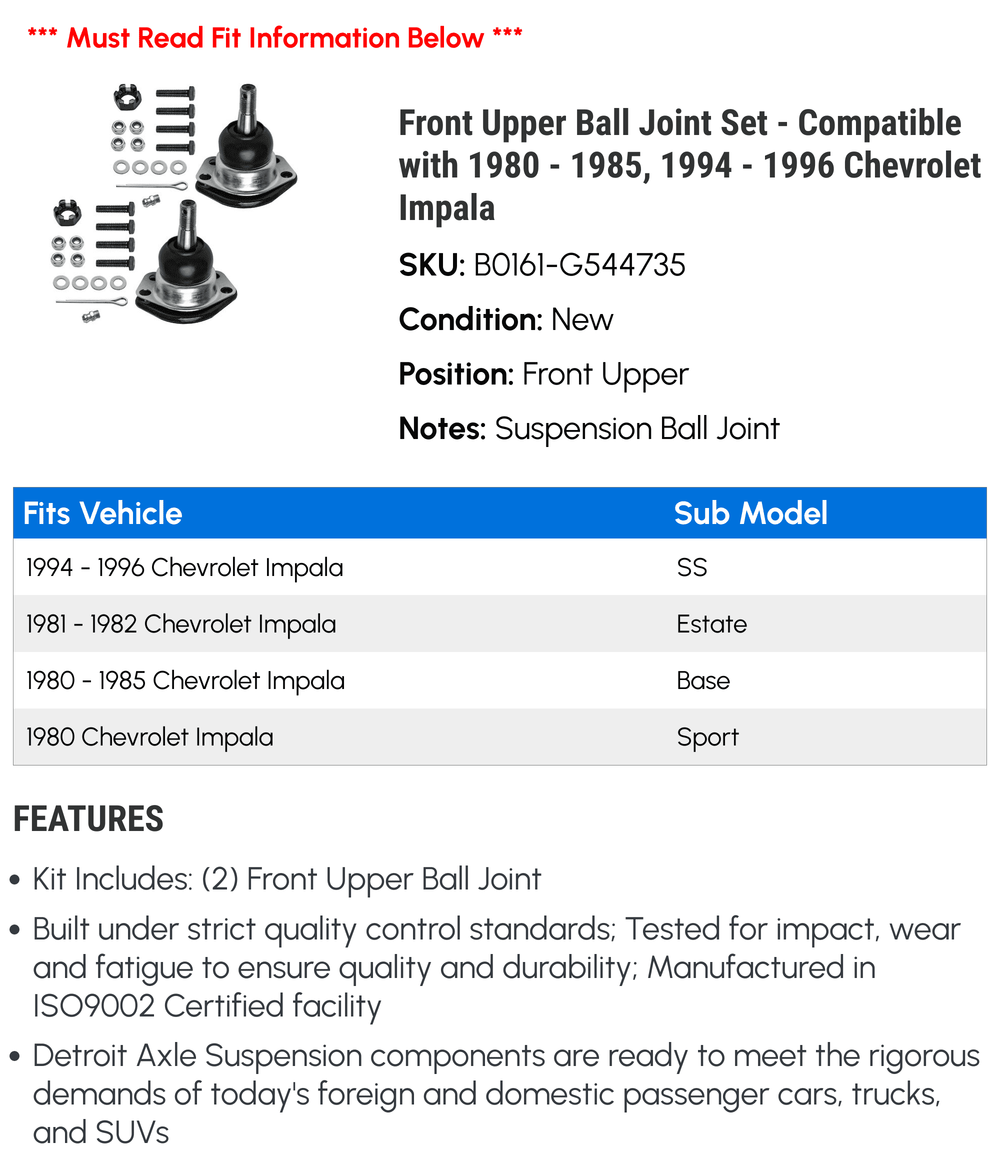 Front Upper Ball Joint Set - Compatible with 1980 - 1985, 1994 - 1996 Chevy Impala 1981 1982 1983 1984 1995
