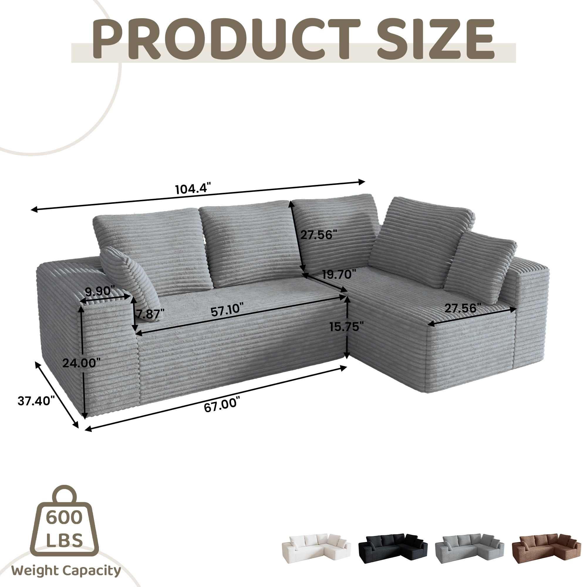 104.4" Modern L-Shaped Sectional Sofa for Living Room Bedroom, Modular Cloud Sectional Couch with Deep Seating Upholstered Sofa, Free Combination Sofa, Corduroy Upholstery, No Assembly, Gray Couch