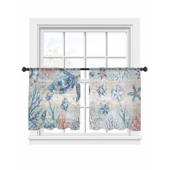 Summer Ocean Turtle Sheer Curtains 45 Inch Long 2 Panels, Retro Coral Shell Blue Wood Grain Light Filtering Rod Pocket Semi Sheer Curtains, Sheer Voile Drapes for Living Room Bedroom, 52"x45"