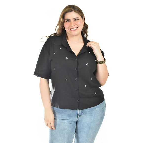 Blusa de lino con pedrería Roman Fashion /Tallas Extras, 5110 (Negro) negro 38