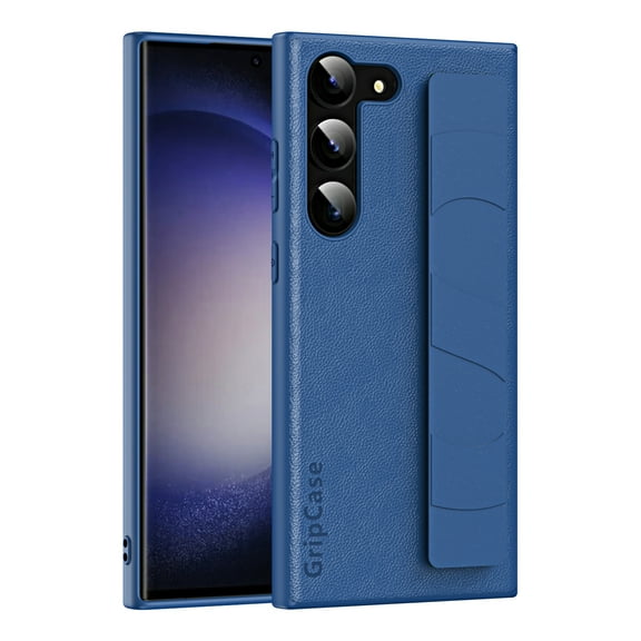 ELEHOLD for Samsung Galaxy S22 Case, Hybrid TPU Bumper PC Back with Leather Texture Shockproof Rugged Case with Wristlet Band for Samsung Galaxy S22,Navy Blue