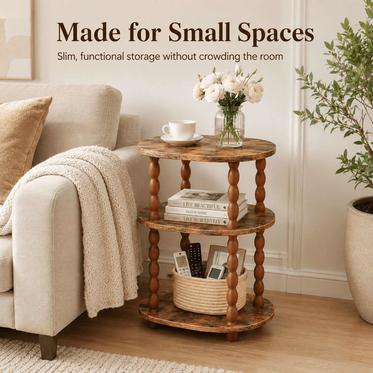 MEHOOM 3-Tier Side Table, Small End Table for Living Room and Bedroom, Vintage Accent Table Nightstand with Storage
