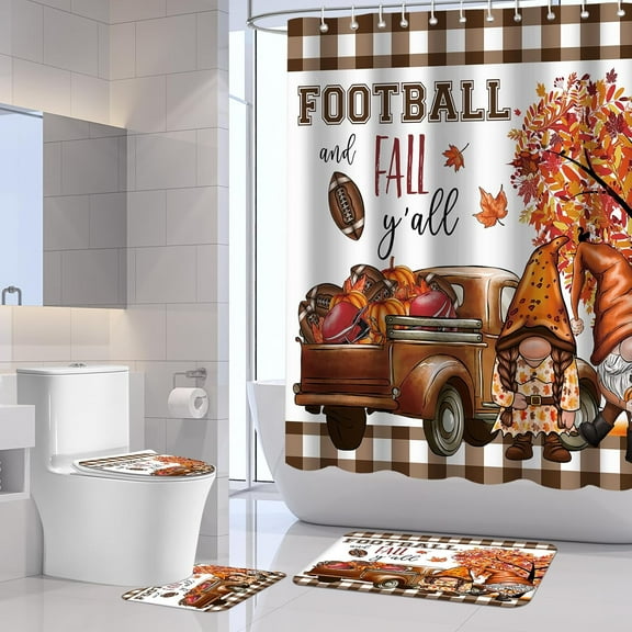 Fall Pumpkin Bathroom Sets with Shower Curtain and Rugs Football Gnomes Shower Curtain Sets with Bath Rugs Maple Leaf Gnomes Shower Curtains for Bathroom Decor