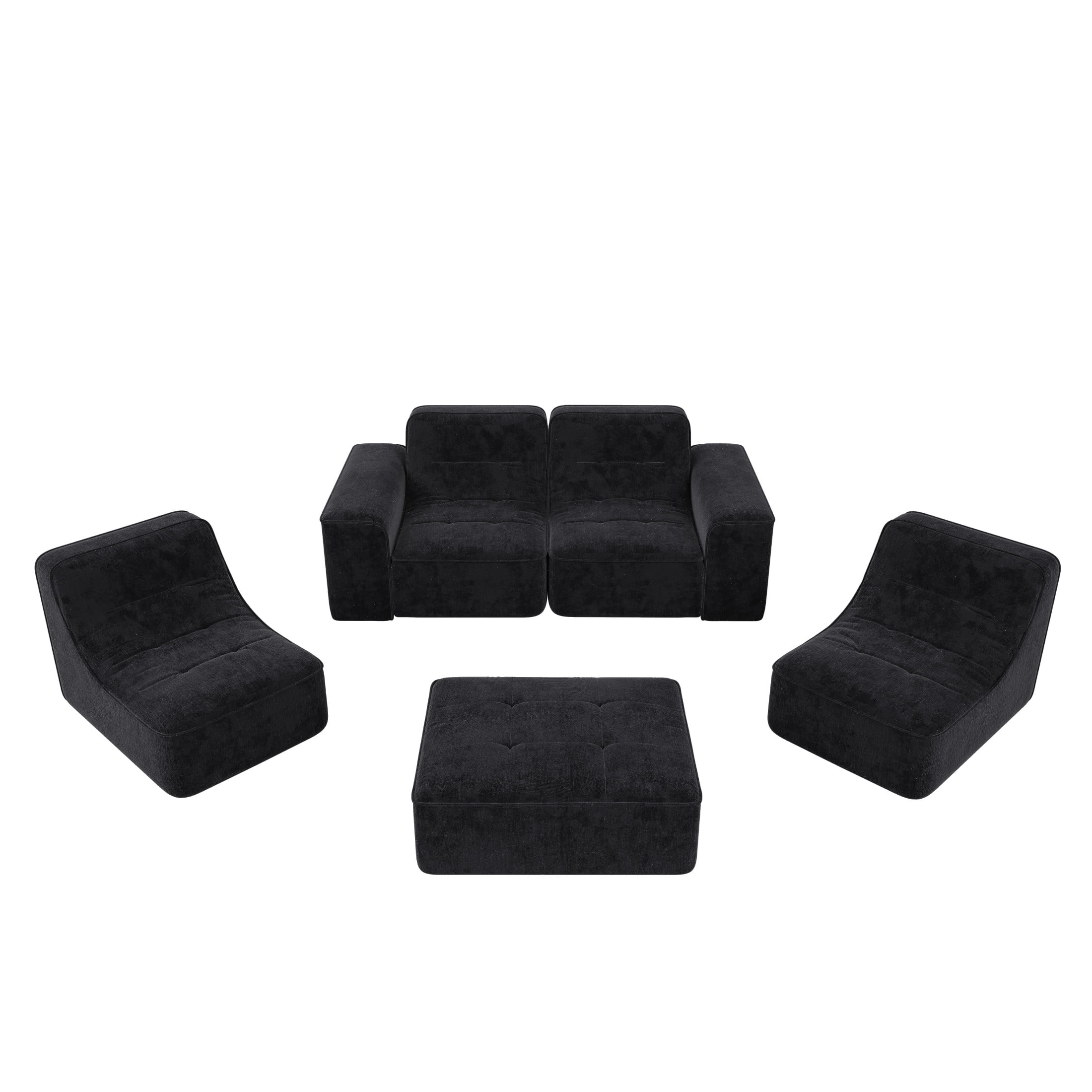 Noble House 144" Modular Sectional Sofa, Tufted Sparkling Chenille Deep Seat Couch with Ottoman, Accent Chair, Black