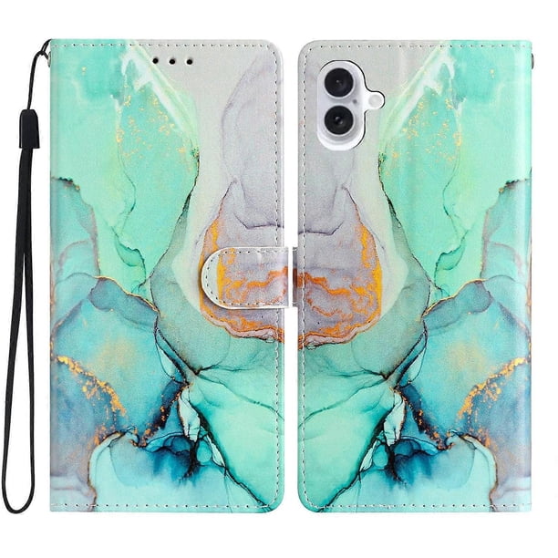 m9i For iPhone 16 Case Card Slots Wallet Pattern Print PU Leather x4k Phone Cover - Green Marble