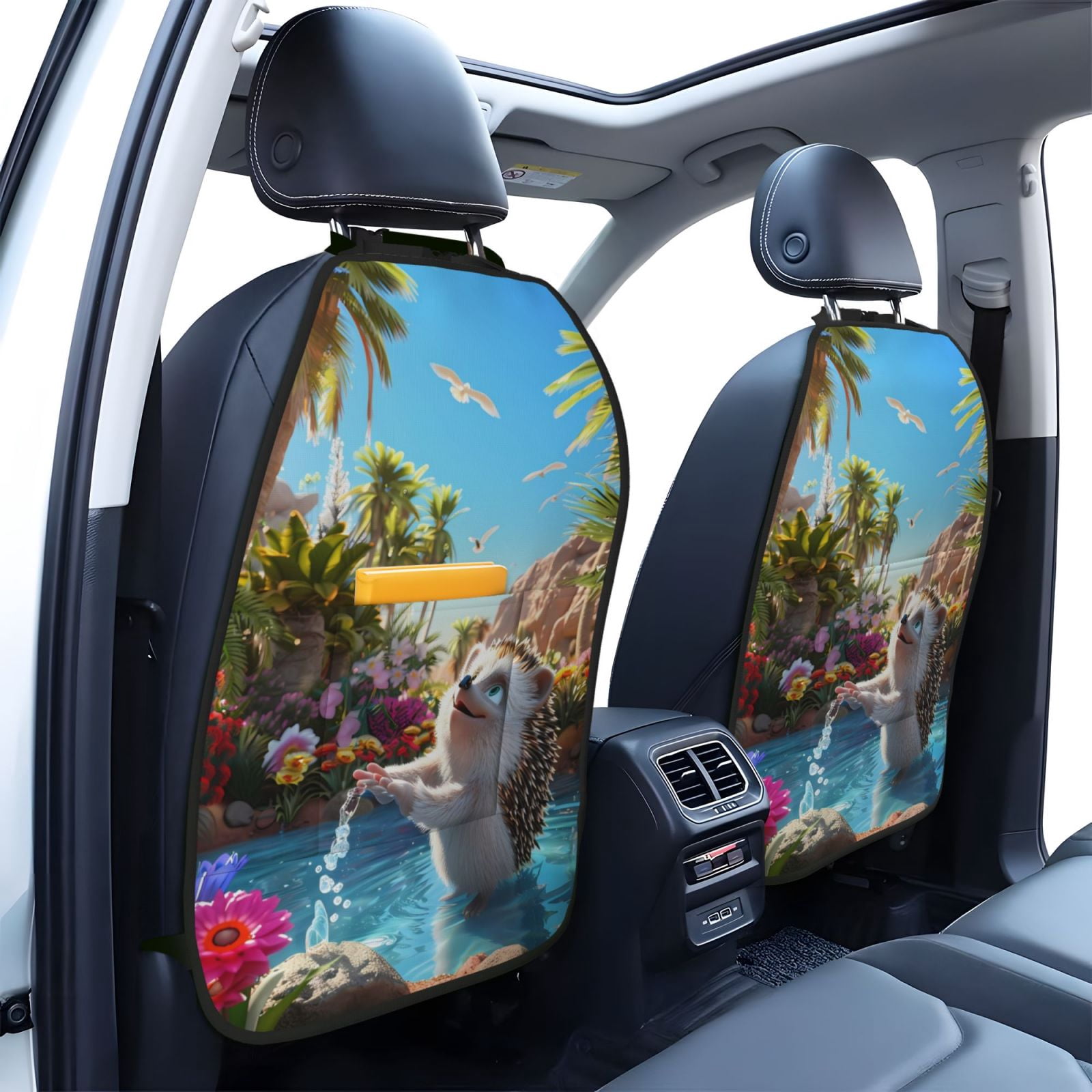 Xecao Playful Hedgehog Forest Pond Pattern Car Seat Back Protector 2 Pack Large Capacity Pocket, Kick Mats Back Seat Protector