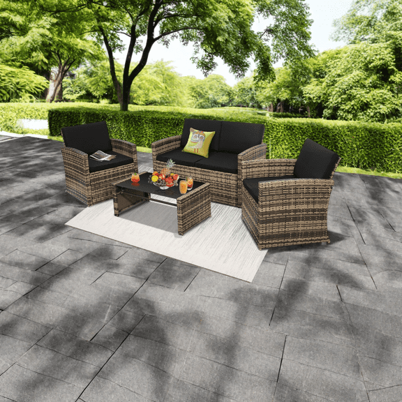 TUAREX Outdoor 4 Piece Wicker Patio Furniture Set, Waterproof Rattan Sectional Sofa with Thick Cushions, Perfect for Patio, Garden, Porch & Backyard, Natural Rattan and Black Cushion