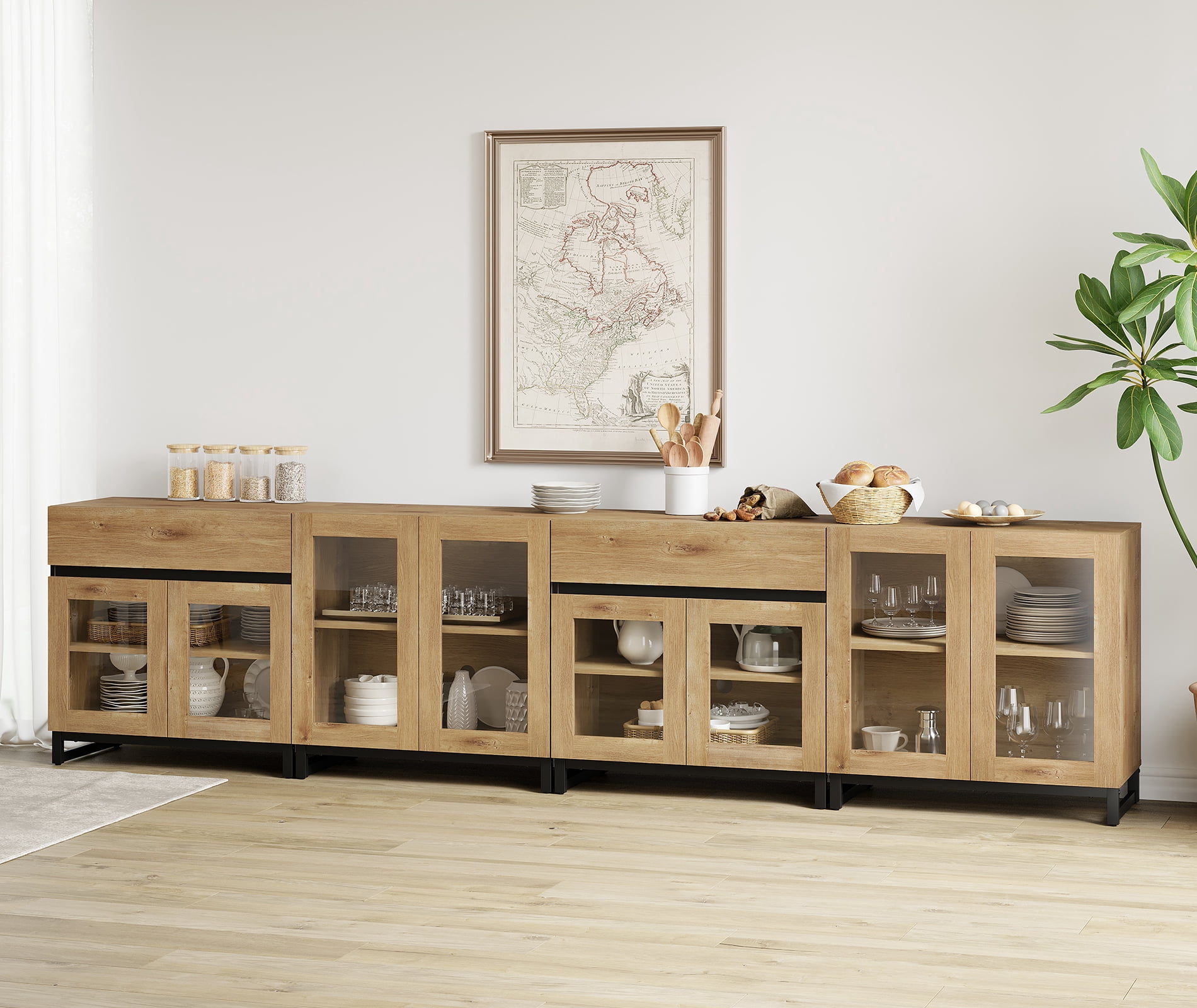 4 In 1 Multifunctional Sideboard Buffet Cabinets With Glass Doors And 2 Drawers, Modern Sideboard Credenza With Adjustable Shelf And Metal Base for Living Room, Kitchen,Oak