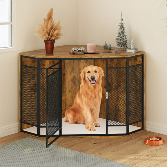 SAEWUD Corner Dog Crate Furniture, 43.7" Wooden Dog Kennel with Dog Cushion, Dog Kennel Corner Wooden End Table for Small Medium Dogs, Brown