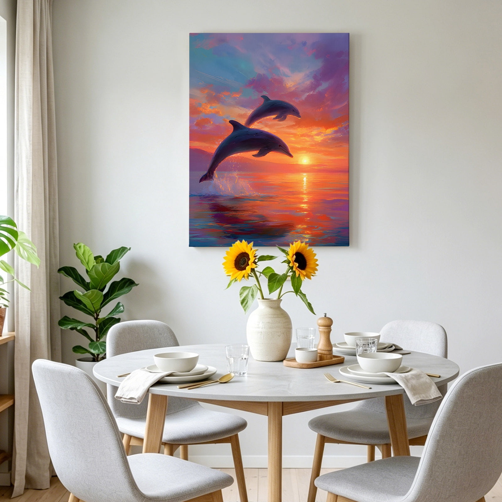 Sunset Dolphin Canvas Wall Art for Living Room, Dreamy Sunset Jumping Dolphins Wall Decor Framed Artwork Pictures Ready to Hang for Bedroom Office Home Decor