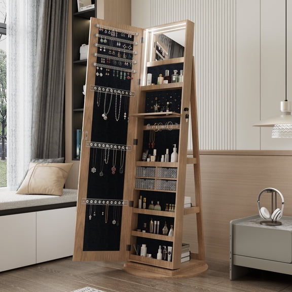 Oufan 62.3" Swivel Jewelry Cabinet with Full Length Mirror, Standing Jewelry Armoire Organizer with Lockable Storage Cabinet & Interior Lighted Mirror, Floor Mirror for Closet