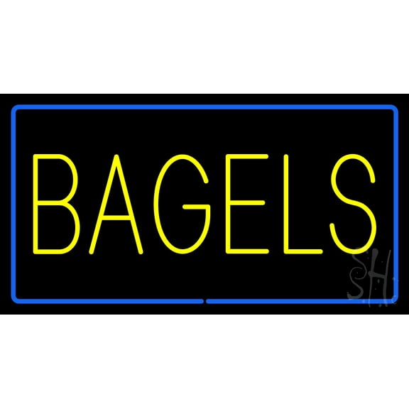 Yellow Bagels Rectangle with Blue Border LED Neon Sign 13 x 24 - inches, Clear Edge Cut Acrylic Backing, with Dimmer - Bright and Premium built indoor LED Neon Sign for restaurant decor.