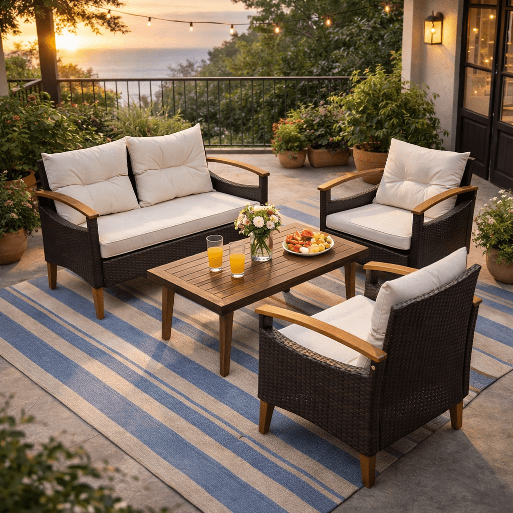 Seizeen 4-Piece Patio Furniture Set, PE Rattan Outdoor Conversation Set with Acacia Wood Table & Armrests, Heavy-duty Sofa Set with Cushions, Patio Seating Set for Backyard Garden Porch Deck