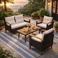 thumbnail image 3 of Seizeen 4-Piece Patio Furniture Set, PE Rattan Outdoor Conversation Set with Acacia Wood Table & Armrests, Heavy-duty Sofa Set with Cushions, Patio Seating Set for Backyard Garden Porch Deck, 3 of 10