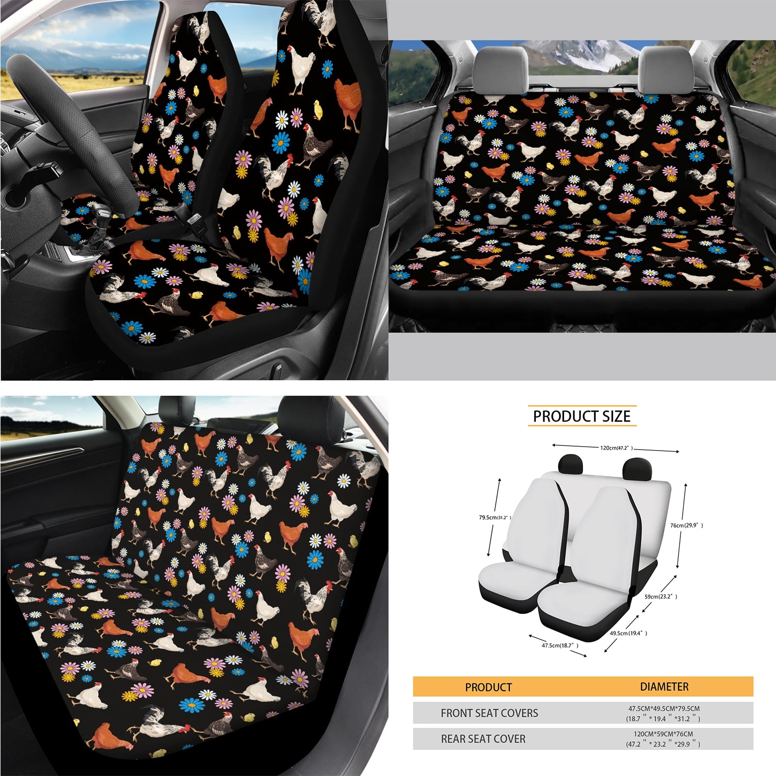 Yuyamidu 14 Pack Chicken Car Seat Covers and Steering Wheel Cover Seat Belt Strap Cover Garbage Bin Hippie Flower Armrest Cover Rearview Mirror Cover Coaster Gear Shift Knob Cover Set Fit SUV Sedan