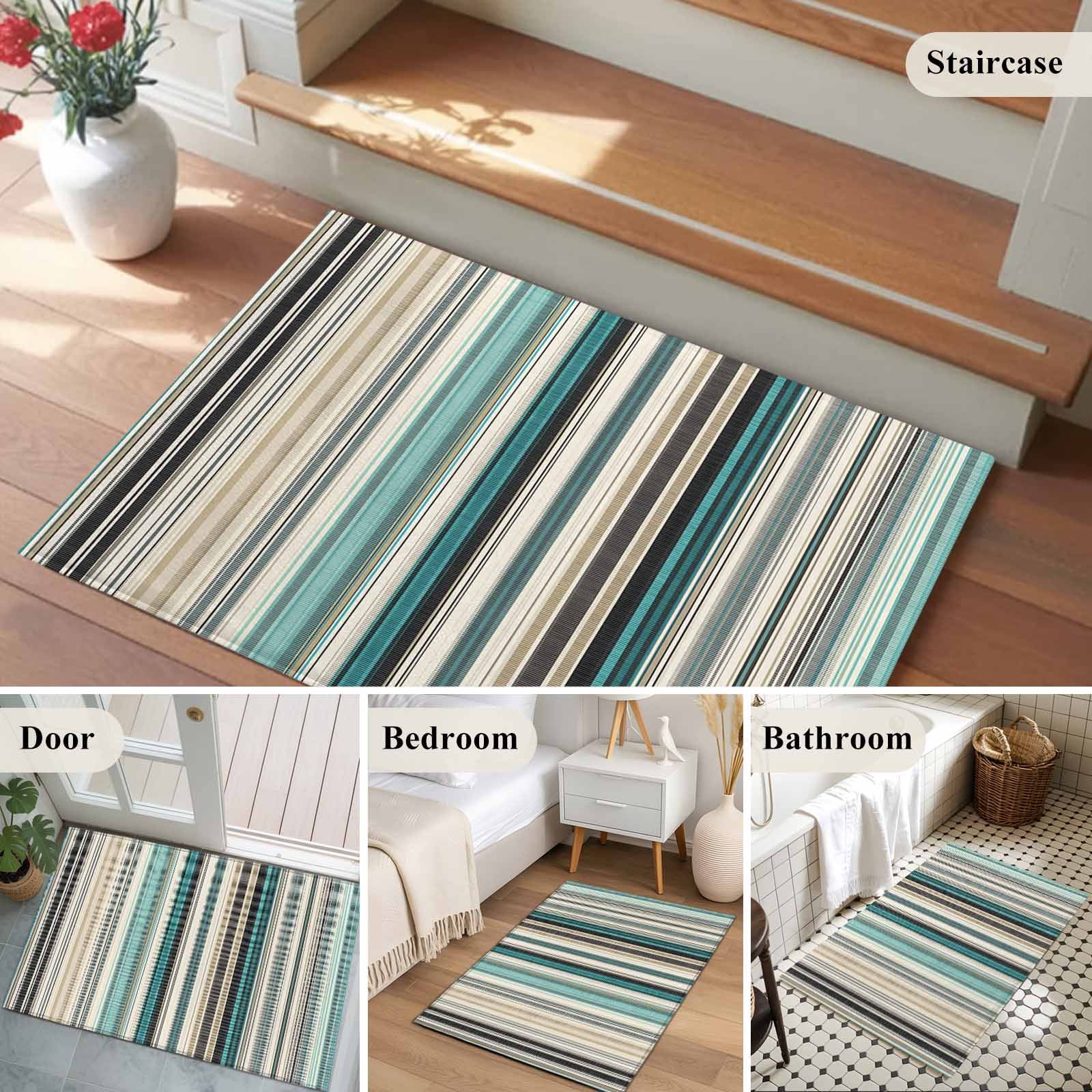 Teal Blue Striped Entryway Rug 2'x3'&nbsp; Non Slip Front Door Mats, Farmhouse Stripes Modern Abstract Art Entrance Rugs Indoor Outdoor Carpet, Washable Floor Mats Small Area Rug for Bedroom Kitchen