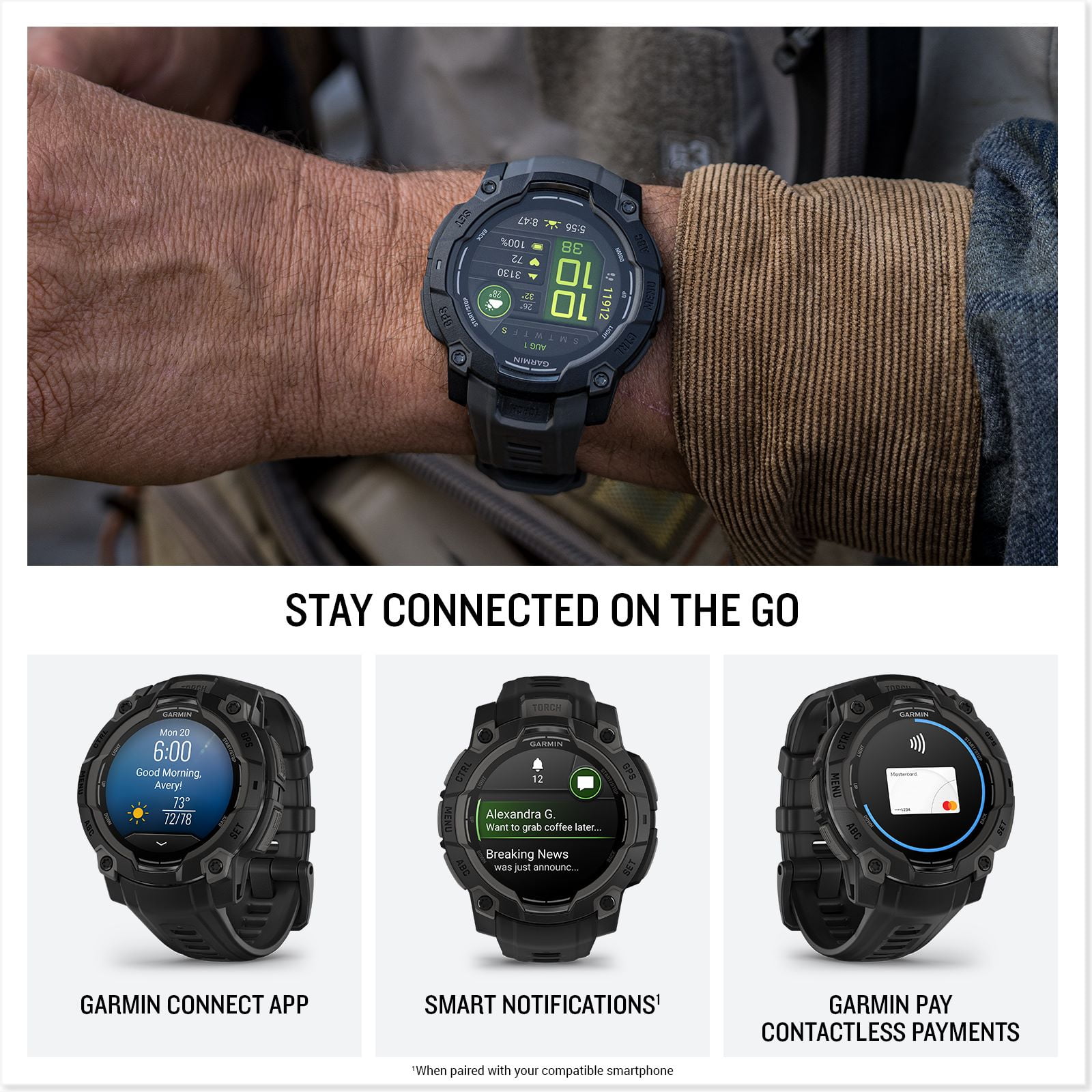 Garmin Instinct® 3 50mm, AMOLED Display, Rugged Outdoor GPS Smartwatch, Metal-Reinforced Bezel, Built-In Flashlight, Up to 18 Days of Battery Life, Neo Tropic/Twilight