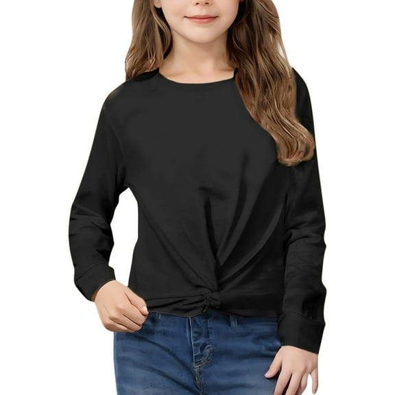 MKOSPLRT Long Sleeve Crop Tops for Girl Round Neck Twist Knot Pullover Solid Color Loose Fit T Shirts Casual Shirts for Kid 4-12Years