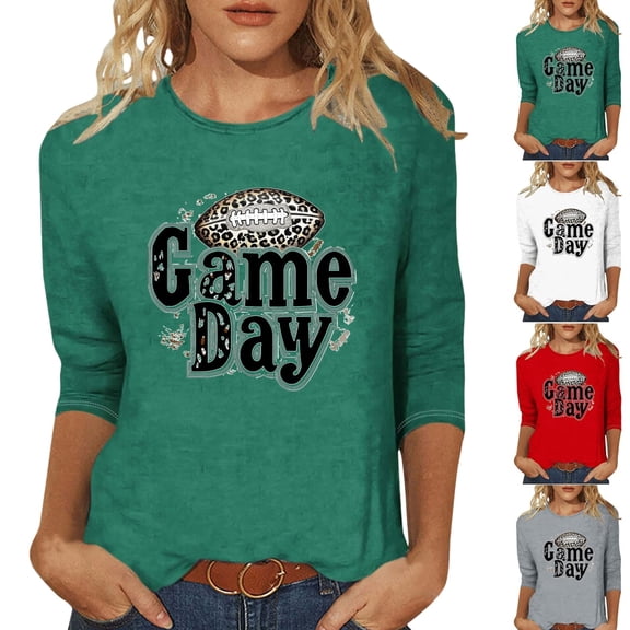 Gamivast 3/4 Sleeve Tops for Women Funny Football Game Day Crew Neck Tunic Sweatshirt Fitted Casual Drop Shoulder Going Out Pullover Holiday Superbowl Outfit
