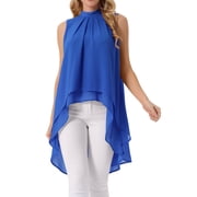 DARING DIVA Women's Tie Back High Low Hem Sleeveless Mock Neck Blouses XL Royal Blue