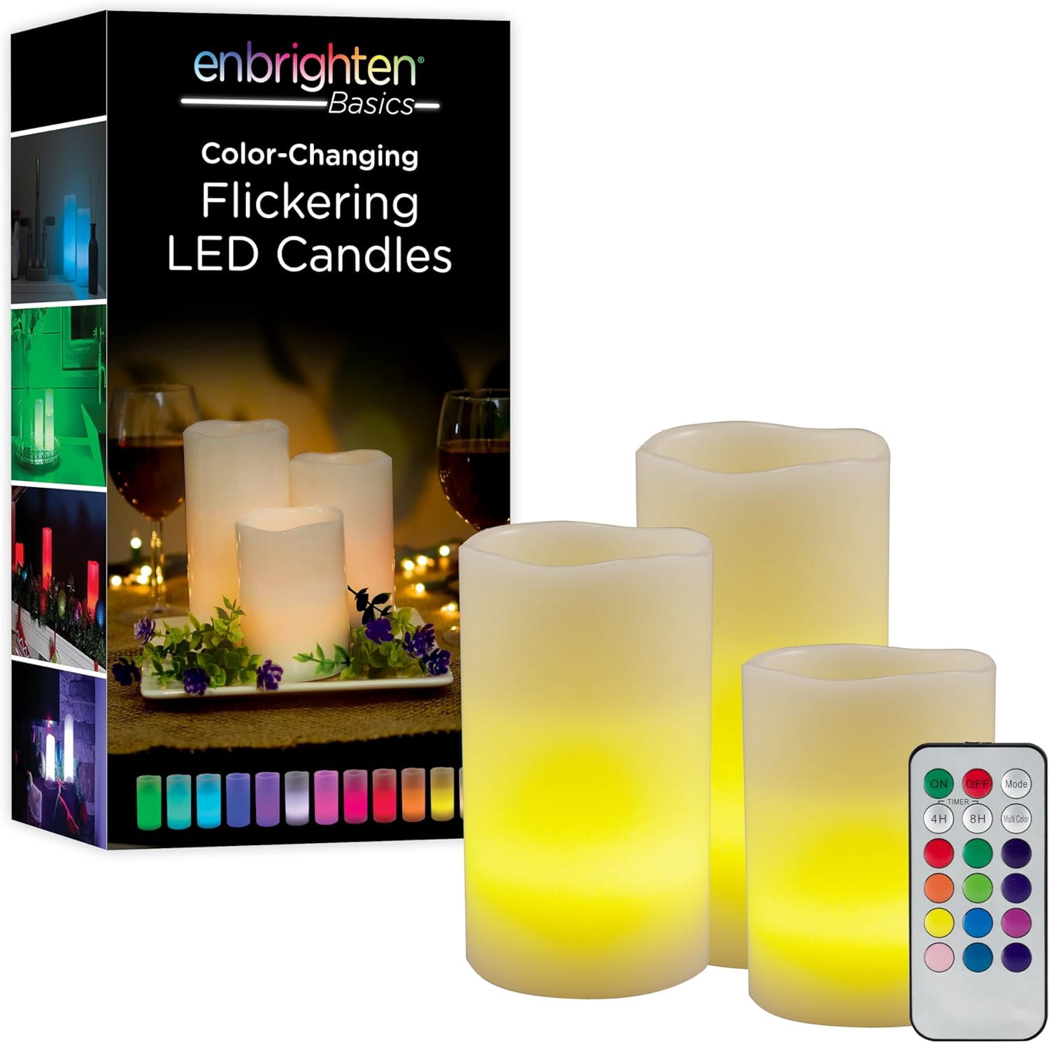 Enbrighten Basics Flameless Flickering LED Candles, Battery Operated, Color Changing, Remote Included, Perfect for Home décor, Special Occassions, 3 Piece Set
