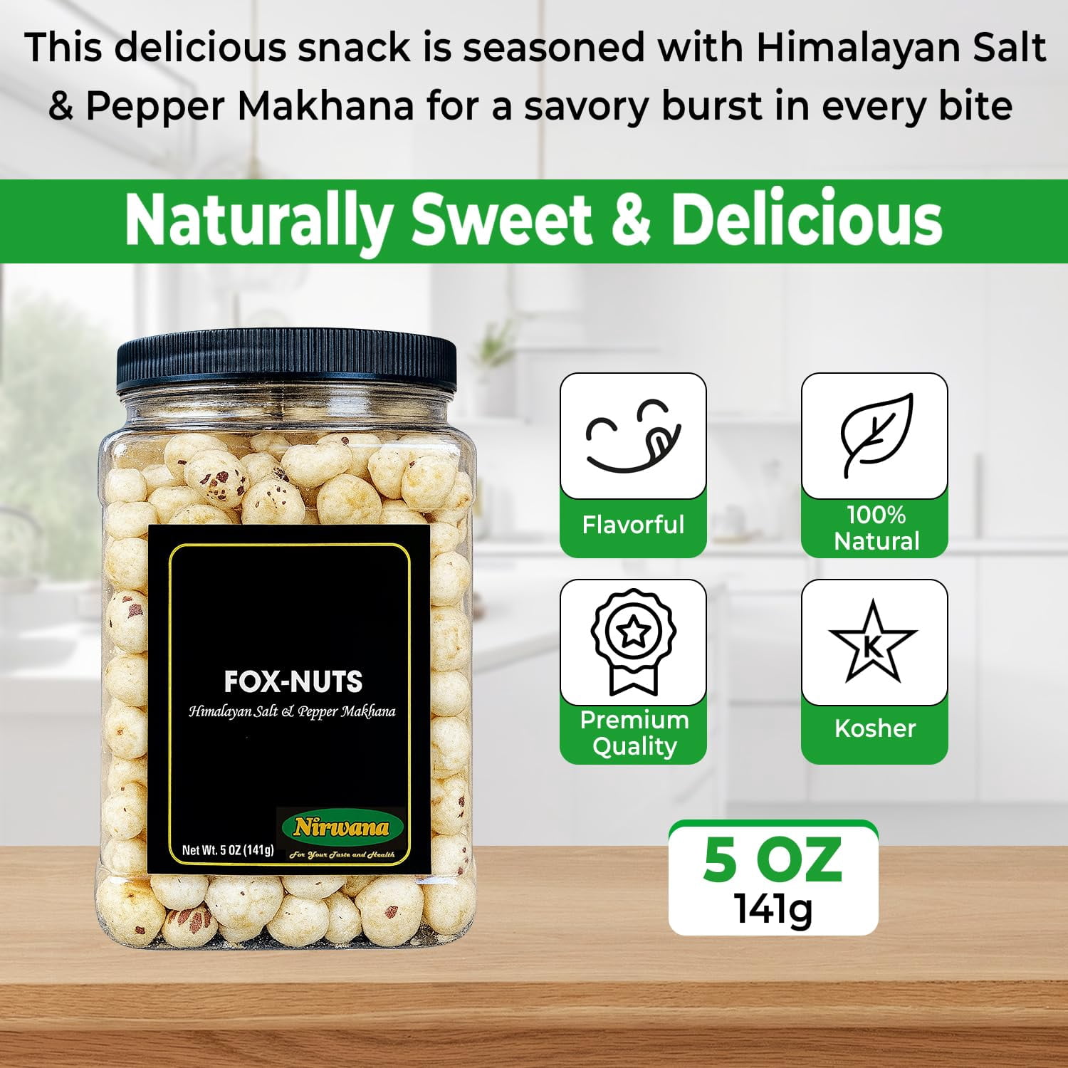 Roasted Fox Nuts Makhana Snack Lightly Salted Plant-Based Protein Low Calorie Himalayan Salt & Pepper 5oz