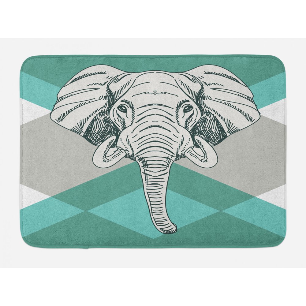Elephant Bath Mat, Contemporary Image of Elephant Head with Minimalist
