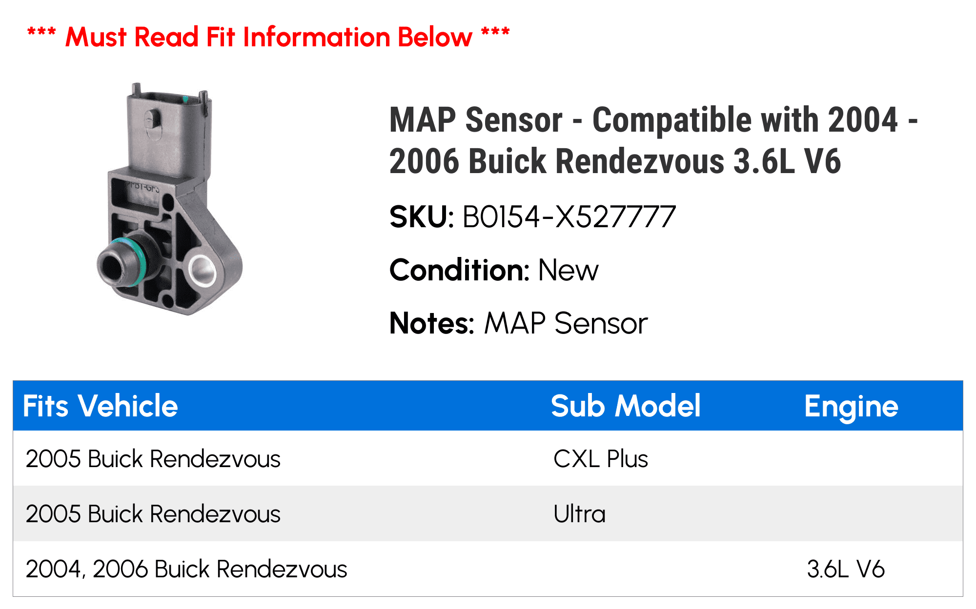 MAP Sensor - Compatible with 2004 - 2006 Buick Rendezvous 3.6L V6 2005