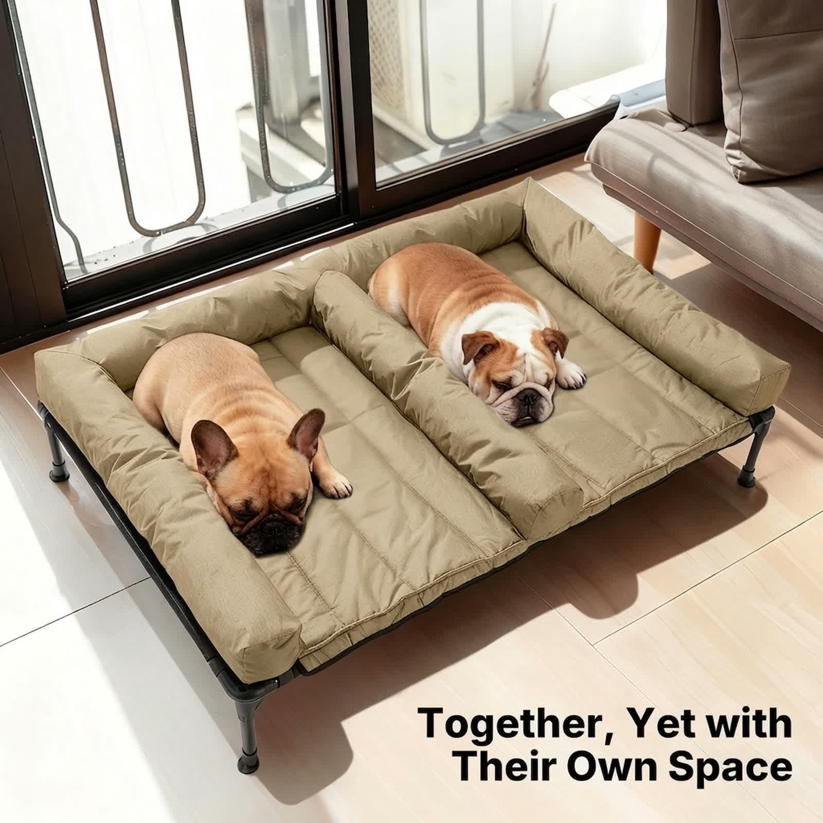 Veehoo Cooling Raised Dog Bed + Removable Double Dog Bed Cushion for Two Medium Dogs, Elevated Dog Bed with Waterproof Bolster Mat, Breathable Mesh, No-Slip Feet, 49" x 33" Dog Couch Bed, Beige