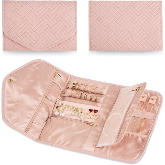 Travel Jewelry Organizer Bag Anti Tangle Foldable Roll Case Necklaces Earrings Rings Bracelets Pink