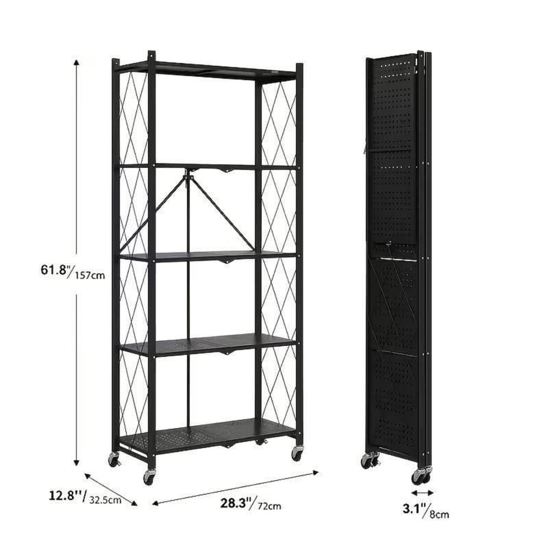 5-Tier Foldable Metal Storage Rack with Wheels, Heavy Duty Rolling Shelving Unit, Folding Metal Rack Shelving Unit for Garage, Kitchen, Basement