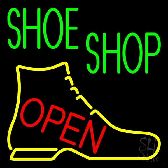 Green Shoe Shop Open LED Neon Sign 24 x 24 - inches, Black Square Cut Acrylic Backing, with Dimmer - Bright and Premium built indoor LED Neon Sign for store interior Décor, Storefront.