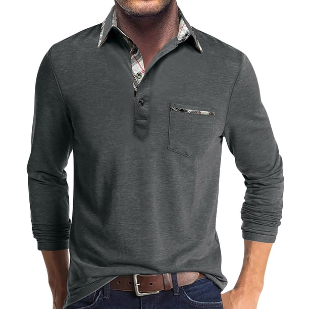 Men's Spring And Autumn Solid Color T-shirt Lapel 3 Button Open Placket Button Long Sleeved Top XL